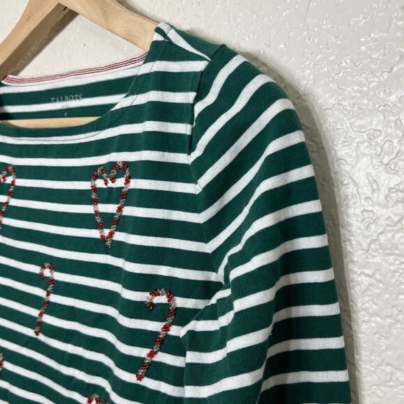 TALBOTS BATEAU NECK TEE CANDY CANE HOLIDAY STRIPE GREEN SIZE SMALL PETITE - Picture 8 of 12